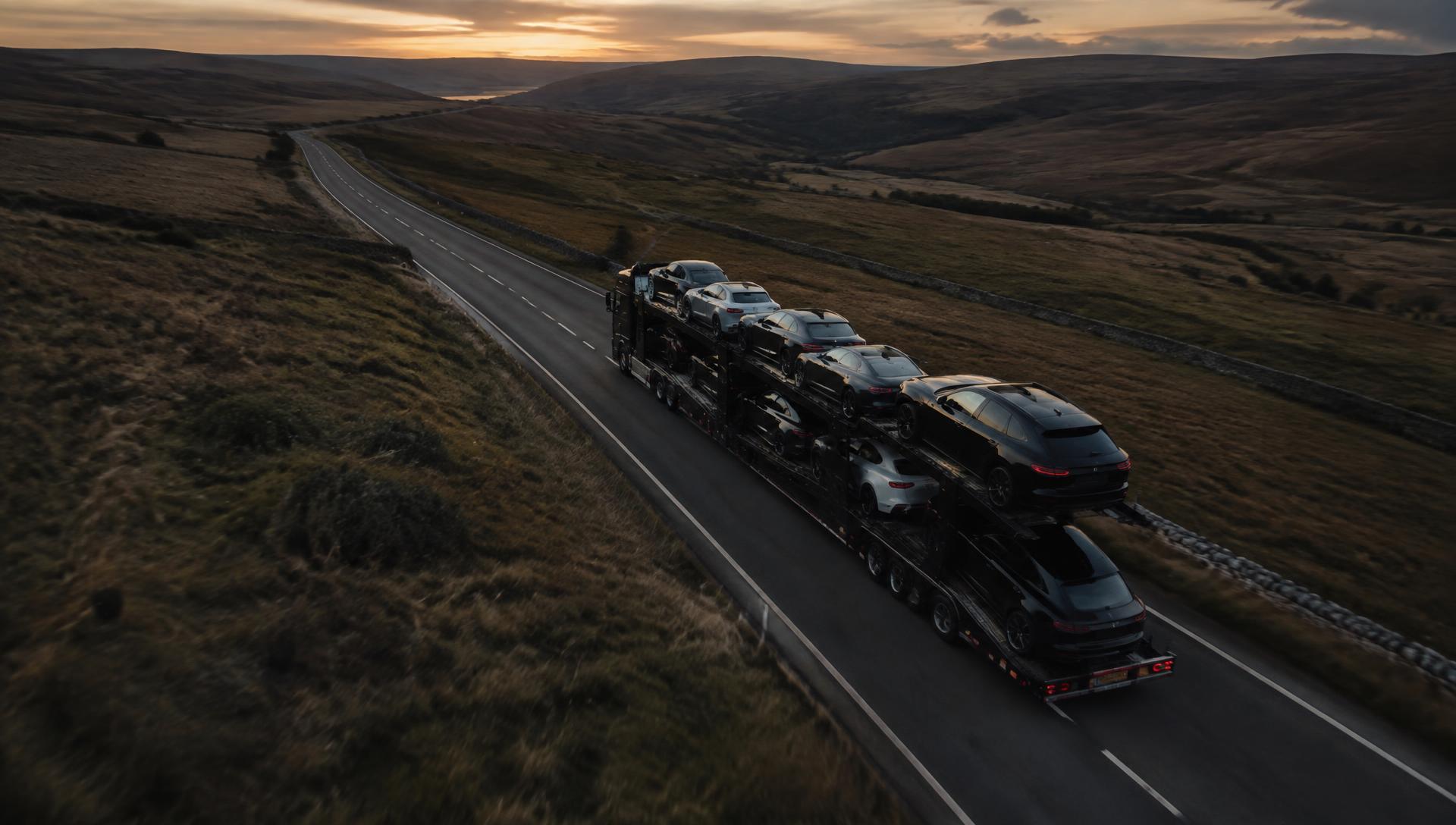 Car transporter carrying vehicles through UK countryside at dusk
